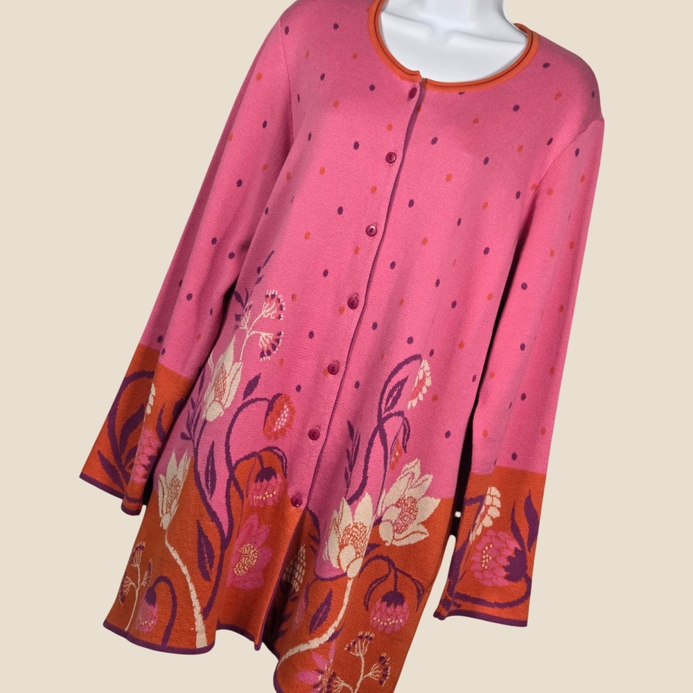 Gudrun Sjoden Women Large Longline Cardigan Coatigan Organic Cotton Pink Floral
